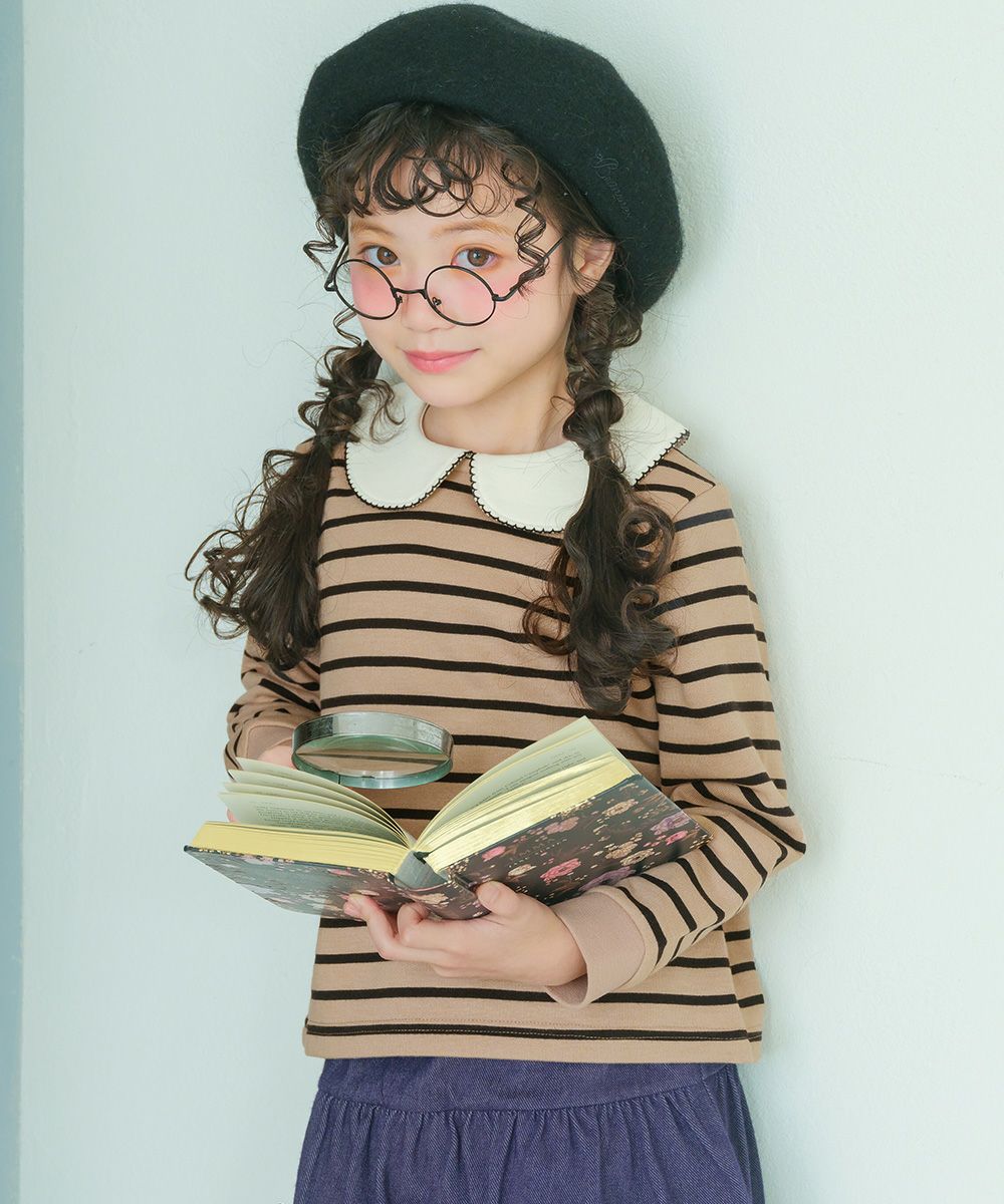 子供服 女の子 音符刺繍 襟付き ボーダー柄 裏毛トレーナー ベージュ(51) モデル画像1