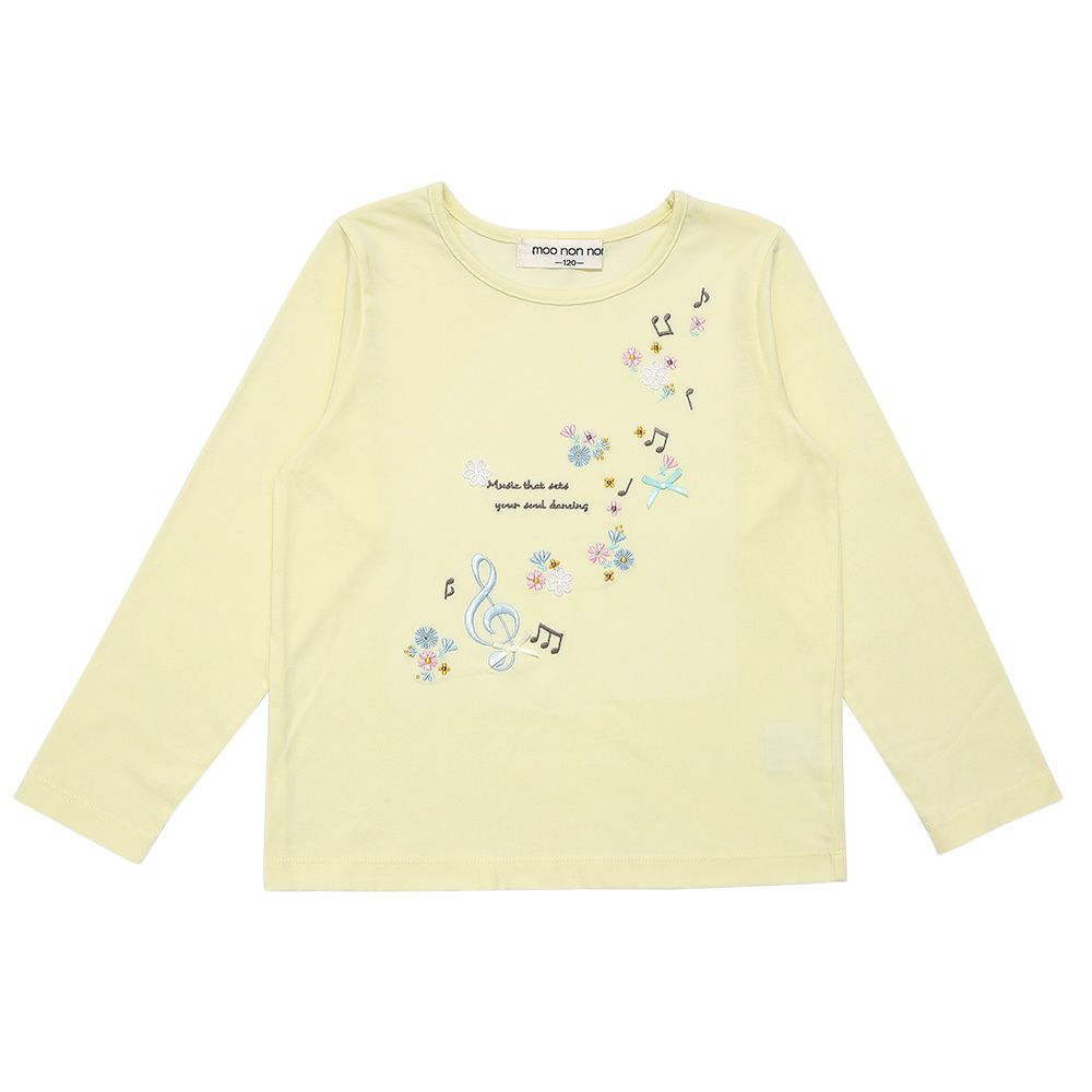 ベビー服 女の子 綿100％音符お花ロゴ刺繍Ｔシャツ イエロー(04) 正面