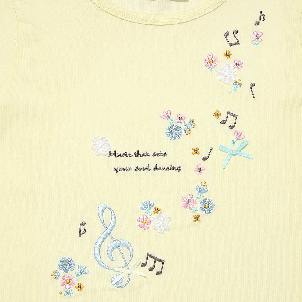 ベビー服 女の子 綿100％音符お花ロゴ刺繍Ｔシャツ イエロー(04) デザインポイント1