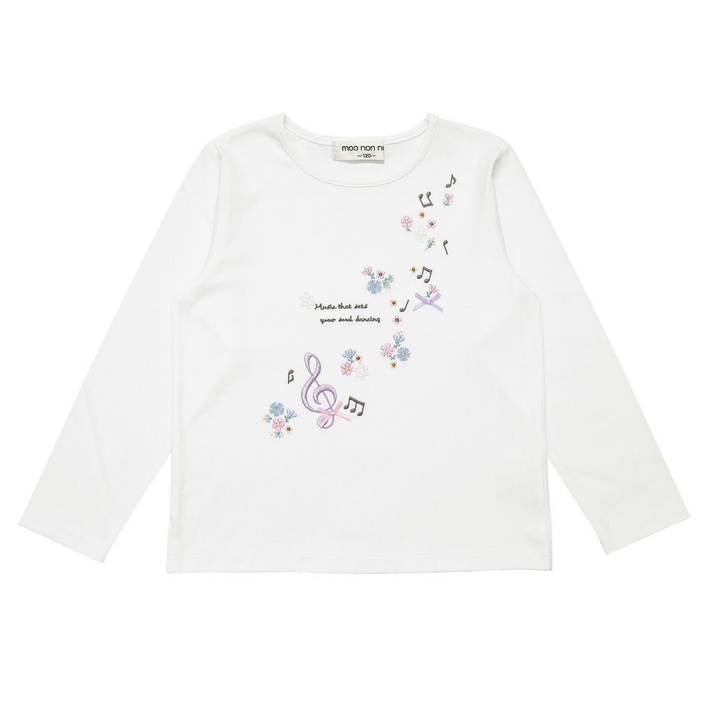 ベビー服 女の子 綿100％音符お花ロゴ刺繍Ｔシャツ オフホワイト(11) 正面