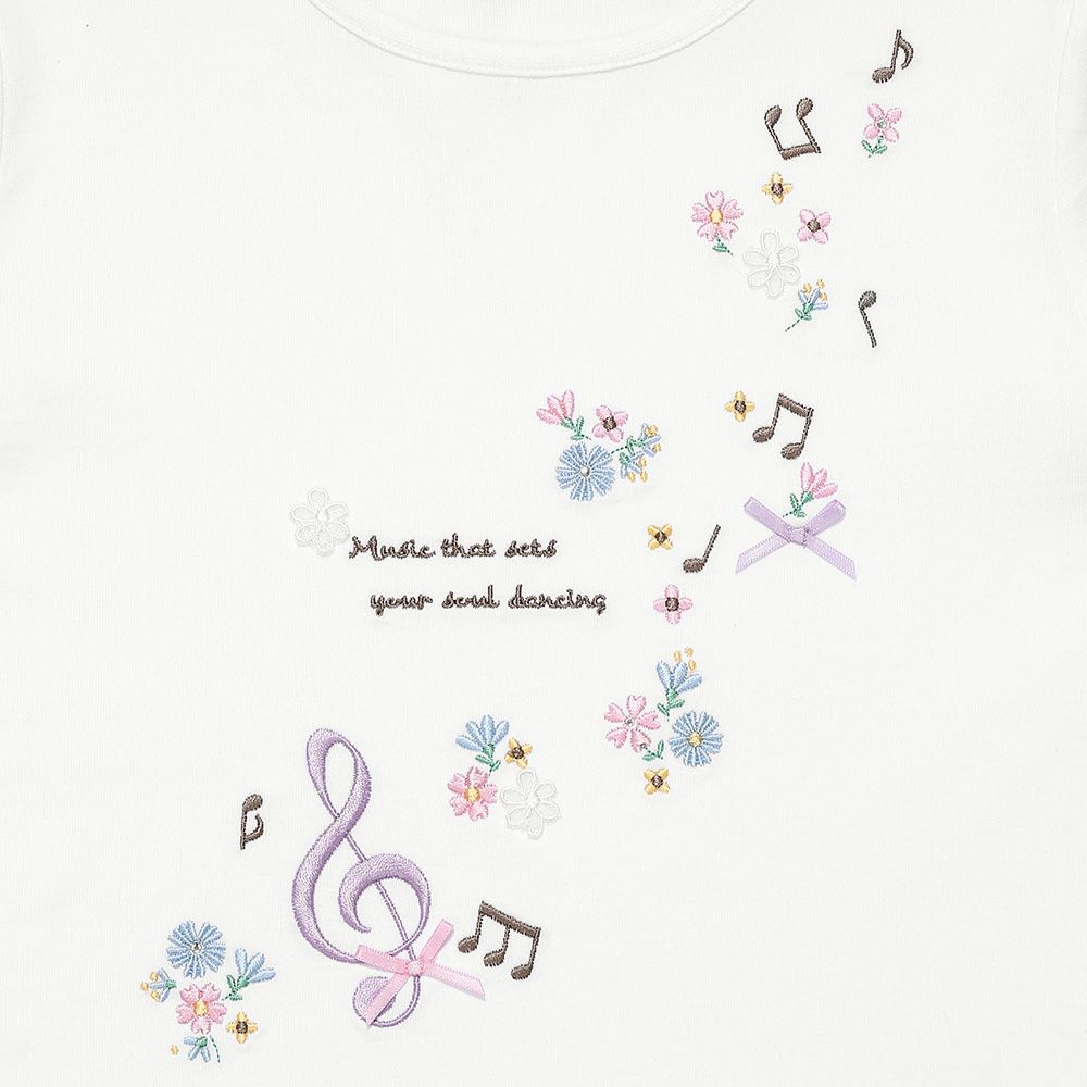 ベビー服 女の子 綿100％音符お花ロゴ刺繍Ｔシャツ オフホワイト(11) デザインポイント1