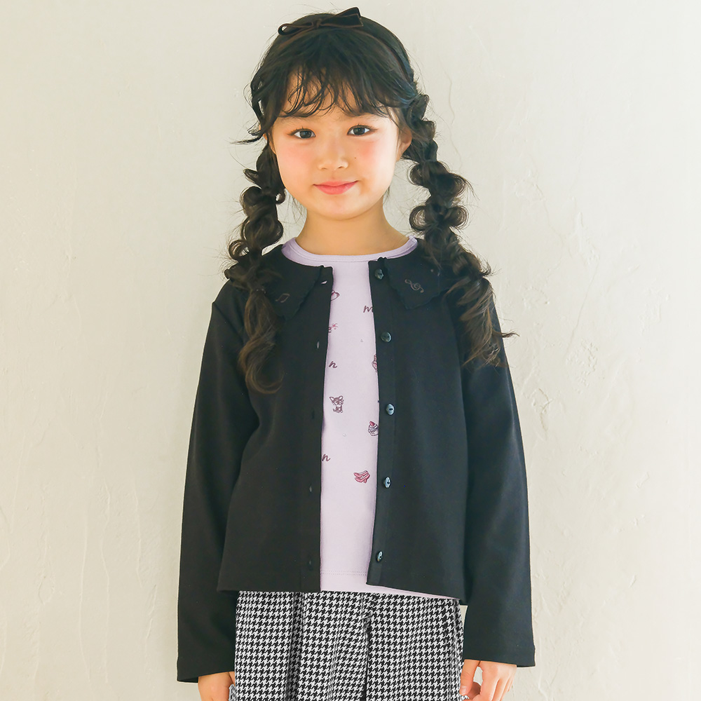 ベビー服 女の子 音符刺繍フリル襟 リブカーディガン