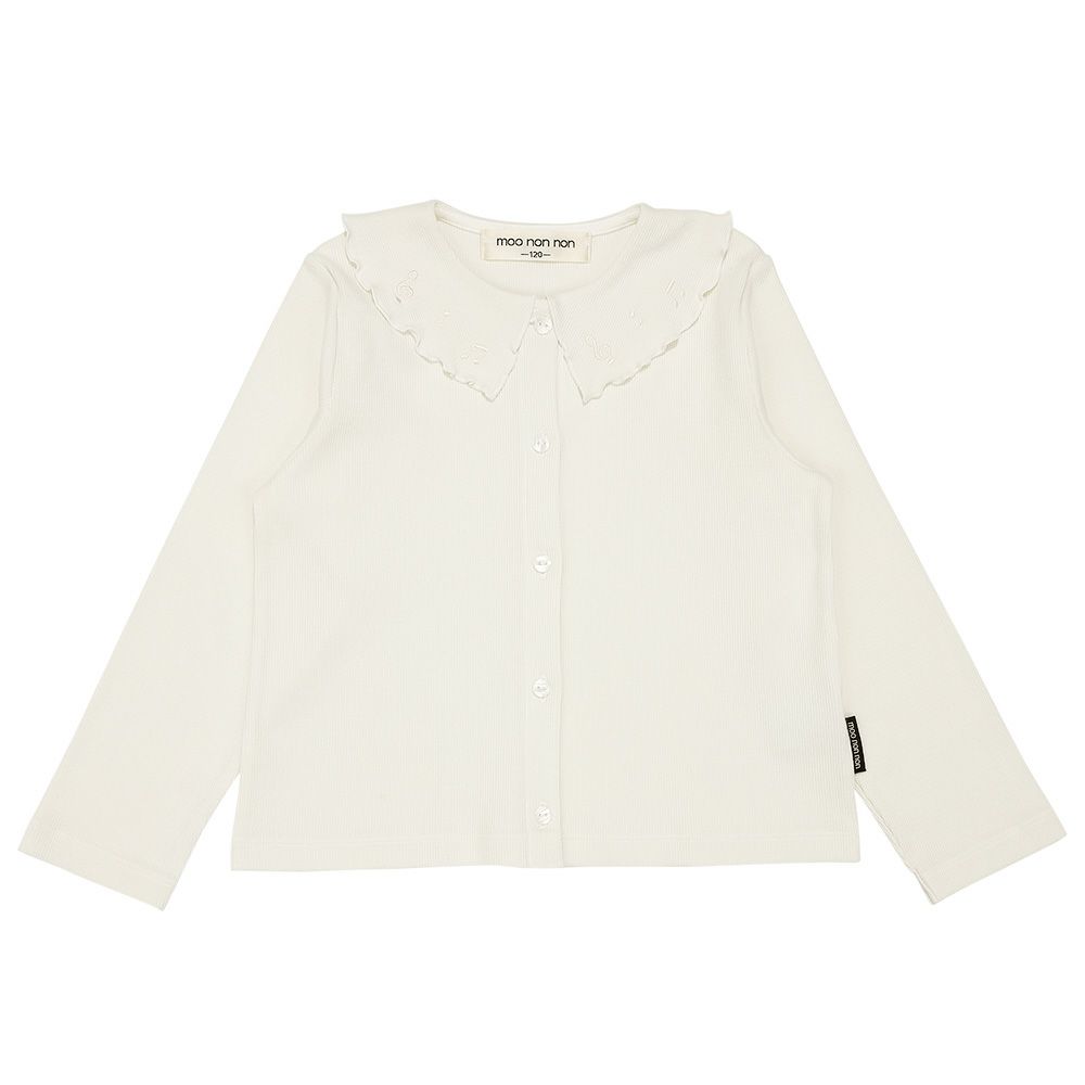 ベビー服 女の子 音符刺繍フリル襟 リブカーディガン オフホワイト(11) 正面