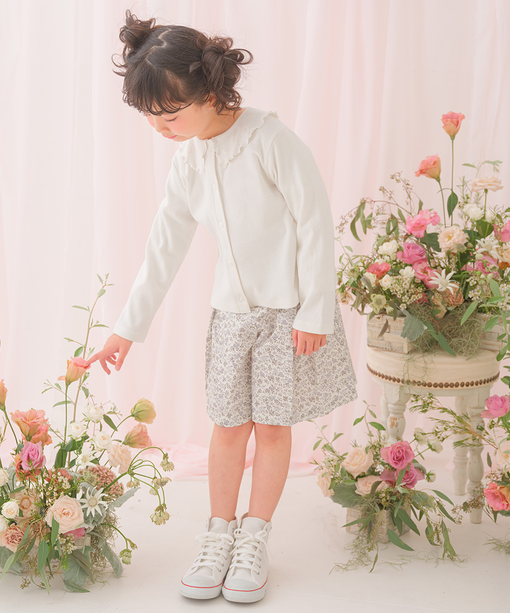 ベビー服 女の子 音符刺繍フリル襟 リブカーディガン オフホワイト(11) モデル画像1