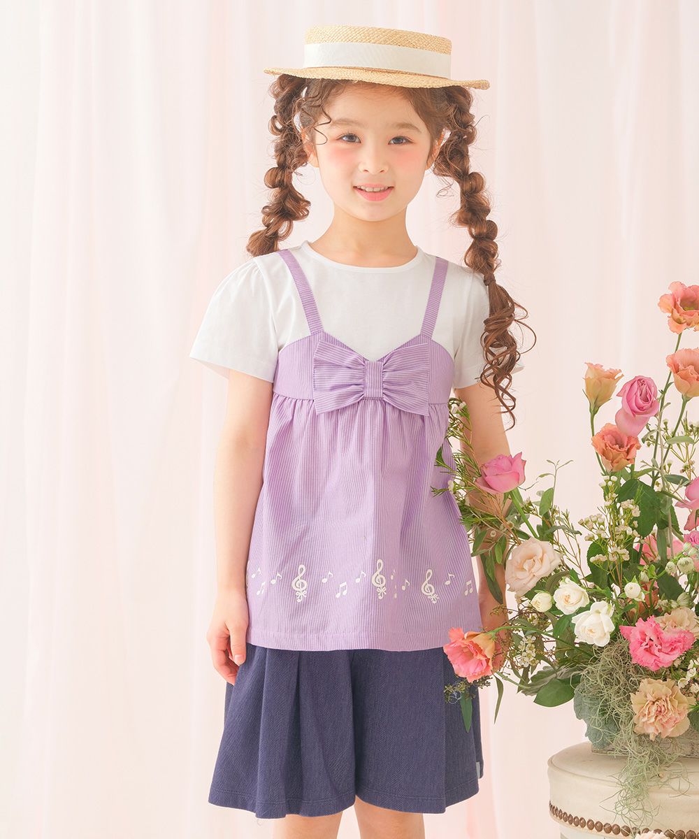 ベビー服 女の子 デニムツイルニット音符ワッペンキュロットパンツ ネイビー(06) モデル画像アップ