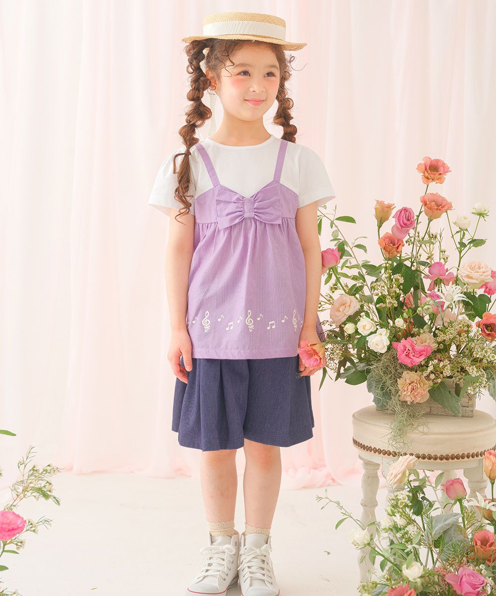 ベビー服 女の子 デニムツイルニット音符ワッペンキュロットパンツ ネイビー(06) モデル画像全身