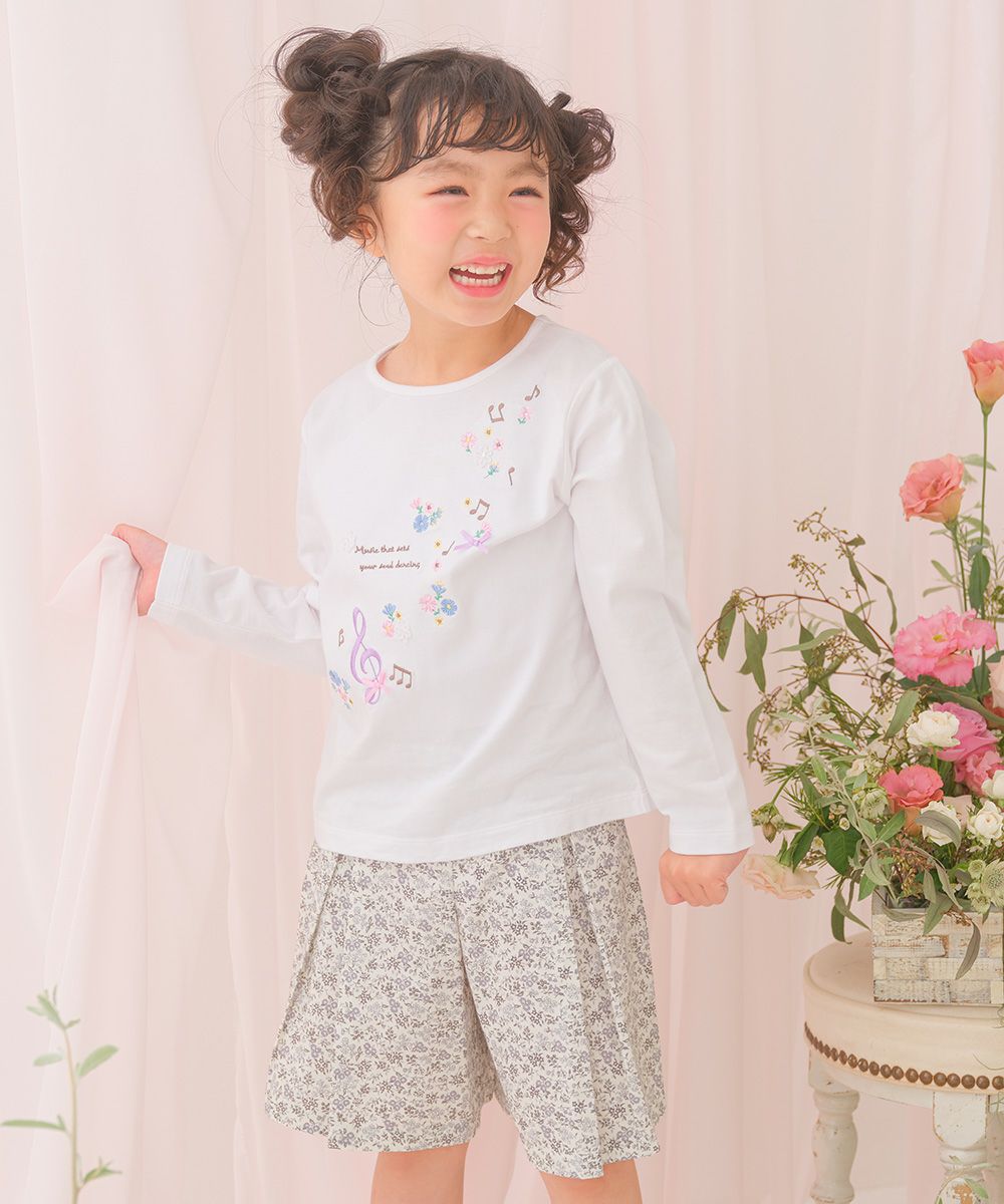 子供服 女の子 綿100％小花柄リボンつき キュロットパンツ グレー(09) モデル画像1