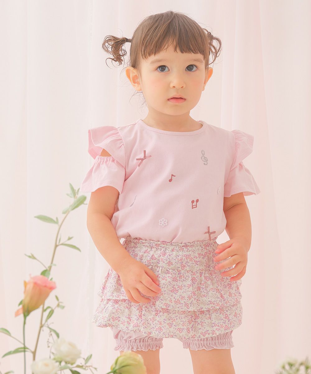 子供服 女の子 綿100％小花柄フリルかぼちゃパンツ ピンク(02) モデル画像アップ