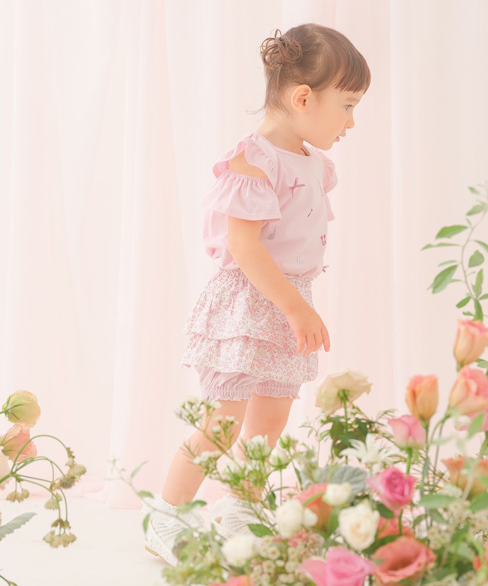 子供服 女の子 綿100％小花柄フリルかぼちゃパンツ ピンク(02) モデル画像1