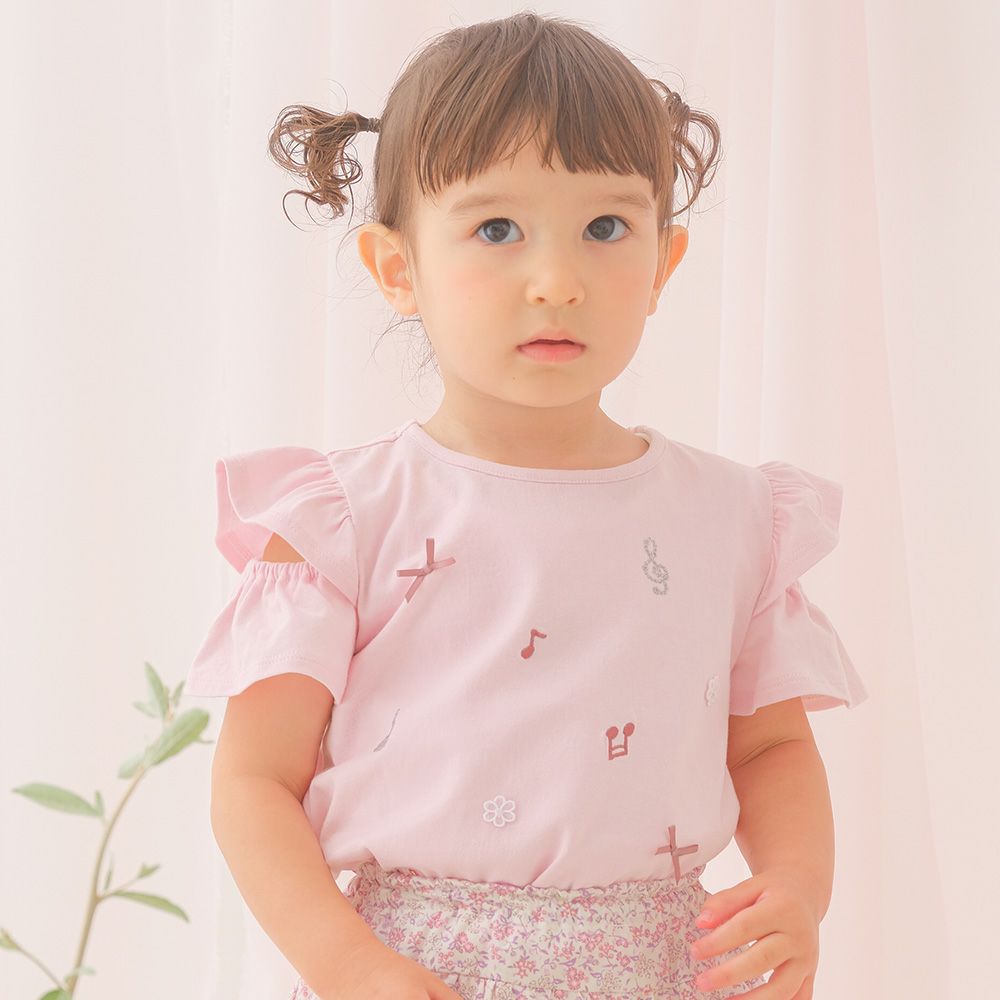 ベビー服 女の子 綿100％音符刺繍 肩あきフリル袖Ｔシャツ