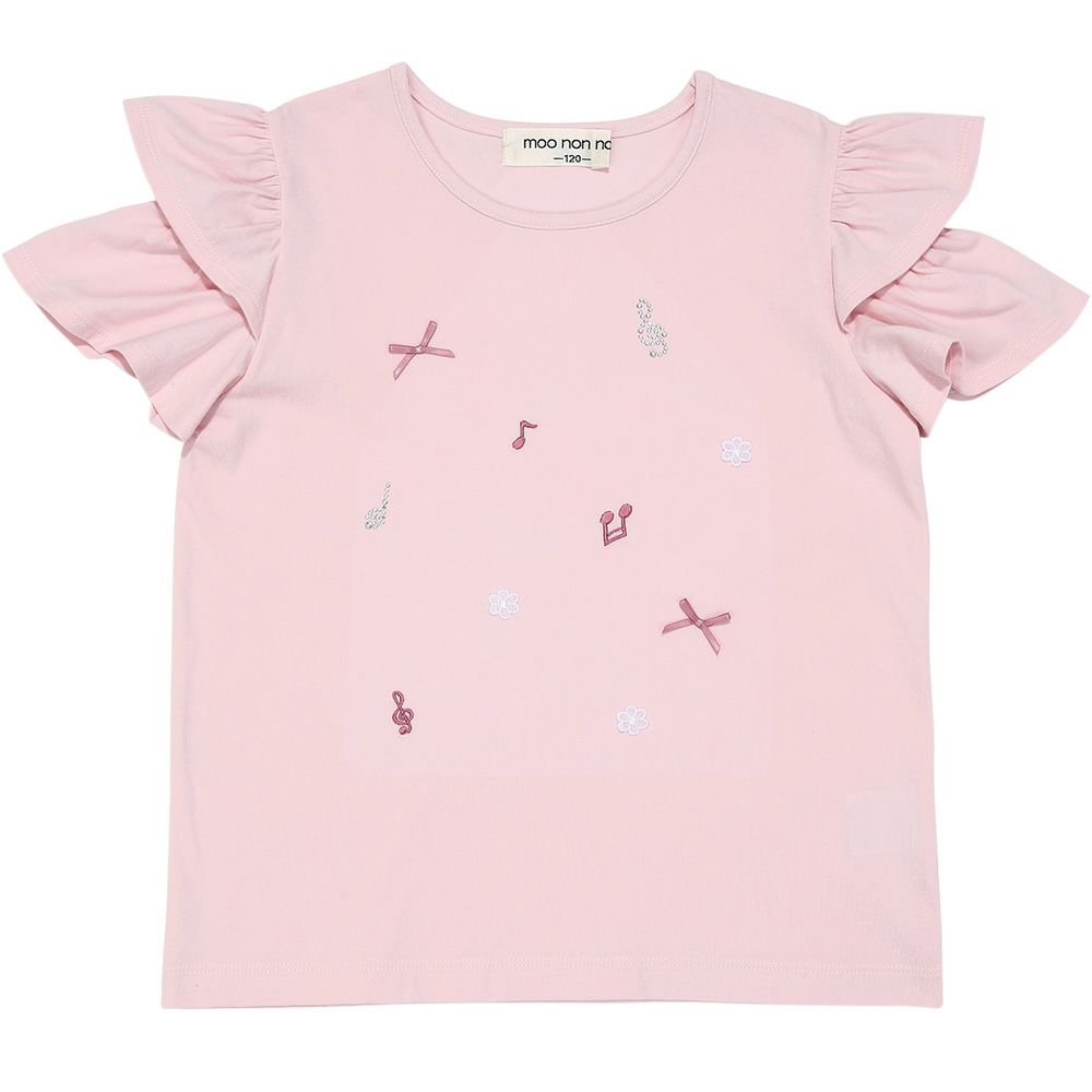 ベビー服 女の子 綿100％音符刺繍 肩あきフリル袖Ｔシャツ ピンク(02) 正面
