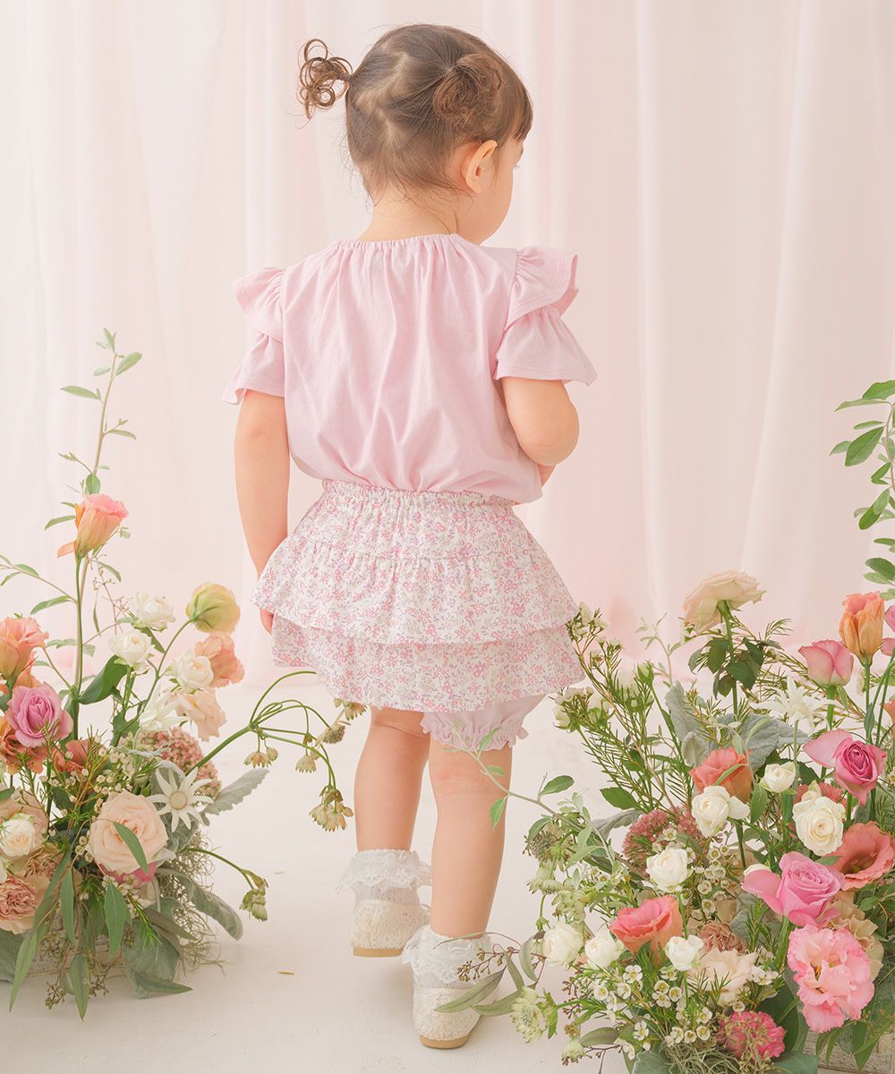 ベビー服 女の子 綿100％音符刺繍 肩あきフリル袖Ｔシャツ ピンク(02) モデル画像全身