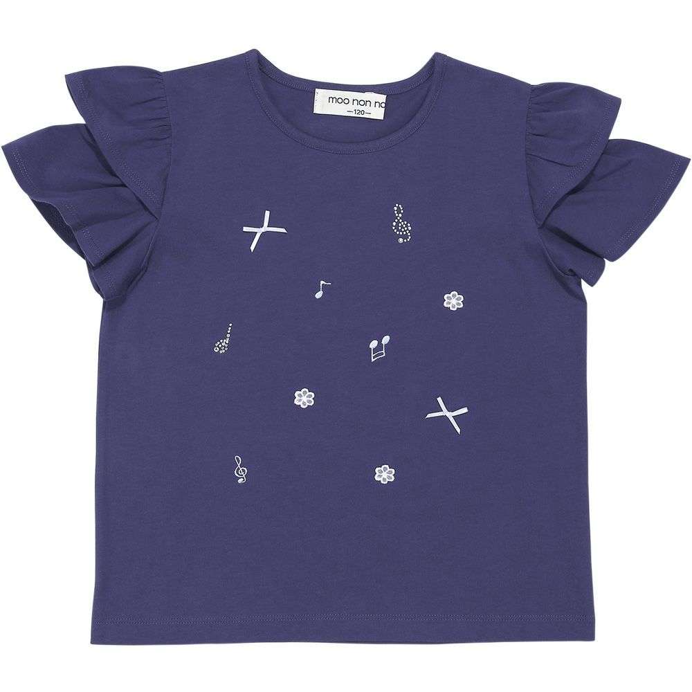 ベビー服 女の子 綿100％音符刺繍 肩あきフリル袖Ｔシャツ ネイビー(06) 正面
