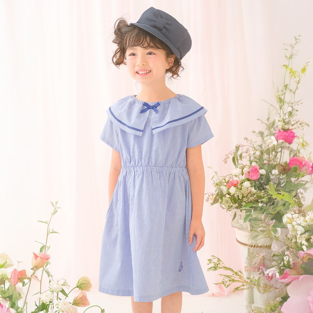 子供服 女の子 ストライプ柄 リボン襟付き 音符刺繍ワンピース