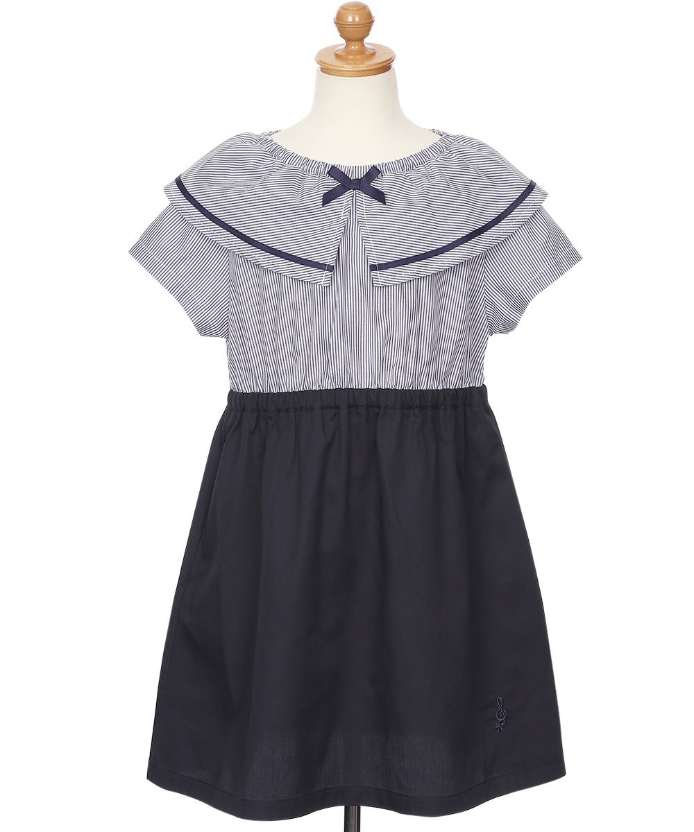 子供服 女の子 ストライプ柄 リボン襟付き 音符刺繍ワンピース ネイビー(06) トルソー背面