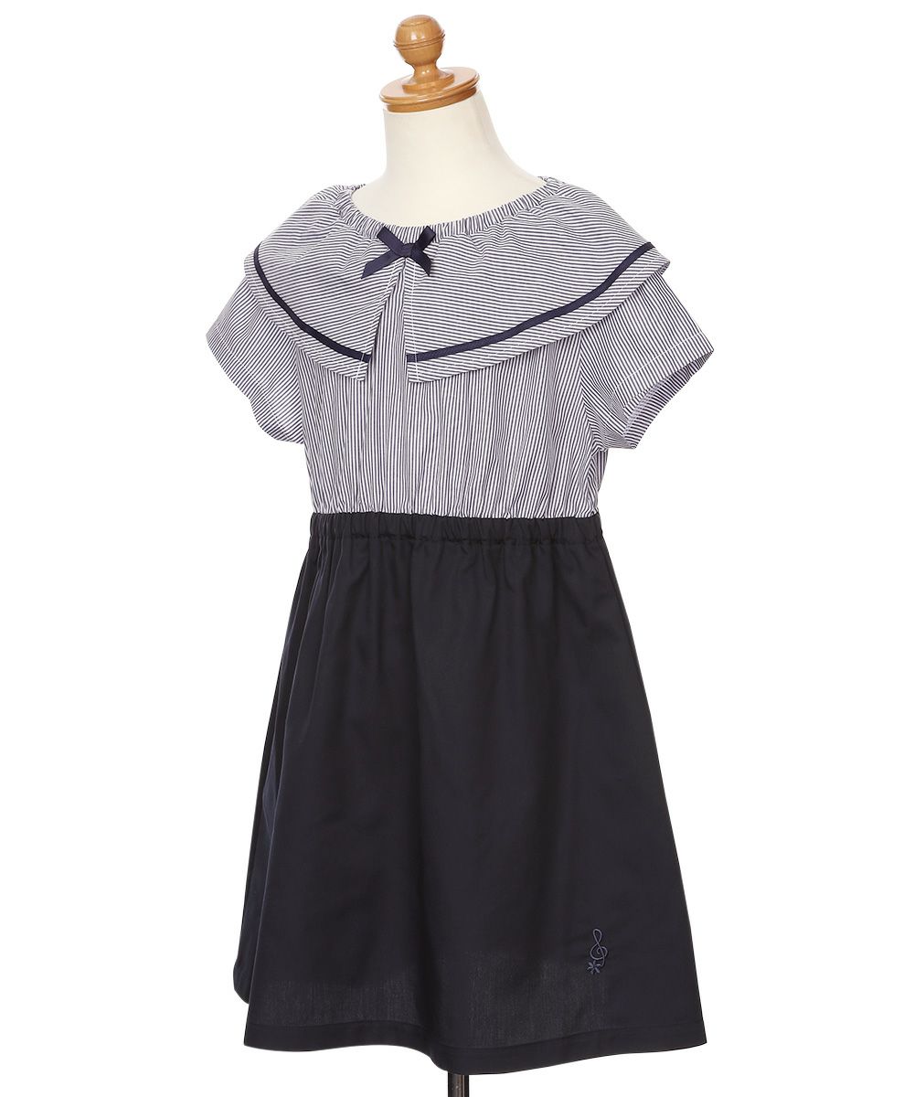 子供服 女の子 ストライプ柄 リボン襟付き 音符刺繍ワンピース ネイビー(06) トルソー斜め