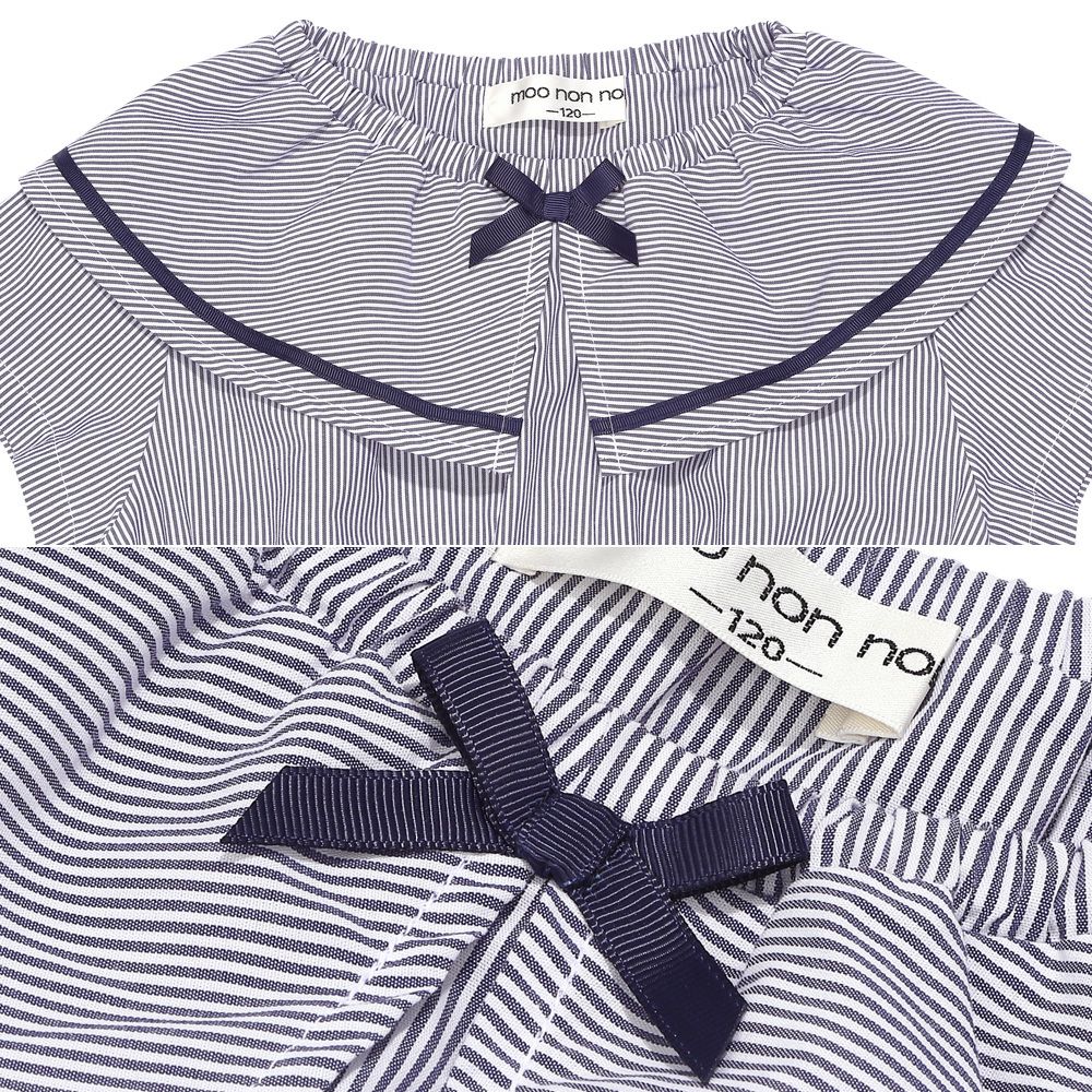 子供服 女の子 ストライプ柄 リボン襟付き 音符刺繍ワンピース ネイビー(06) デザインポイント1