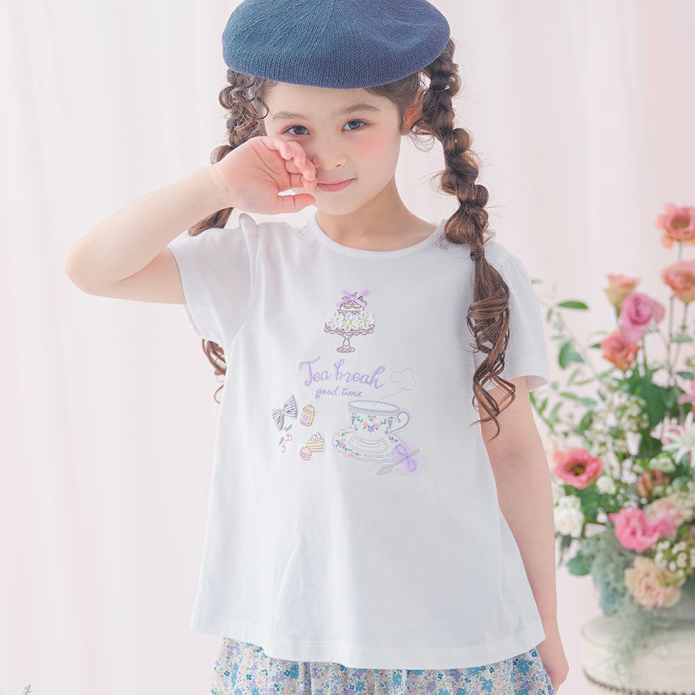ベビー服 女の子 子ども服 こども服 キッズ ジュニア 綿100％ ティーカップ スイーツ 刺繍 バックリボン