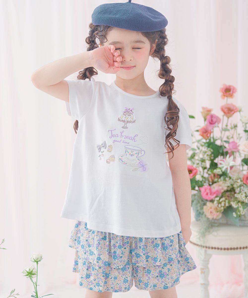 ベビー服 女の子 子ども服 こども服 キッズ ジュニア 綿100％ ティーカップ スイーツ 刺繍 バックリボン オフホワイト(11) モデル画像アップ