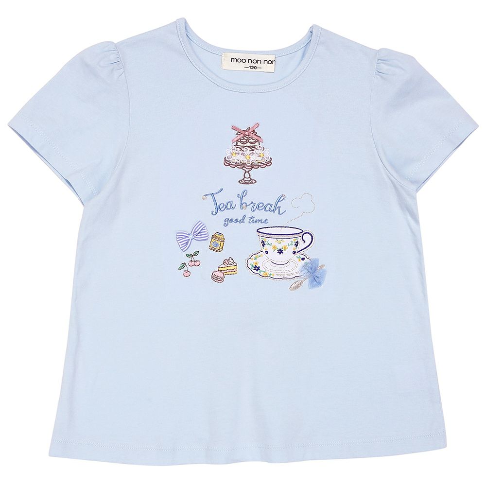 ベビー服 女の子 子ども服 こども服 キッズ ジュニア 綿100％ ティーカップ スイーツ 刺繍 バックリボン ブルー(61) 正面