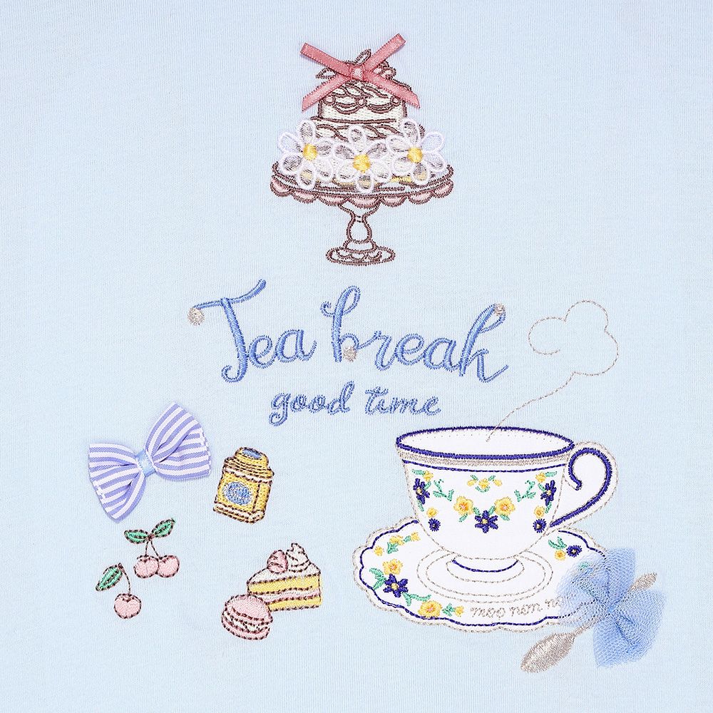 ベビー服 女の子 子ども服 こども服 キッズ ジュニア 綿100％ ティーカップ スイーツ 刺繍 バックリボン ブルー(61) デザインポイント1