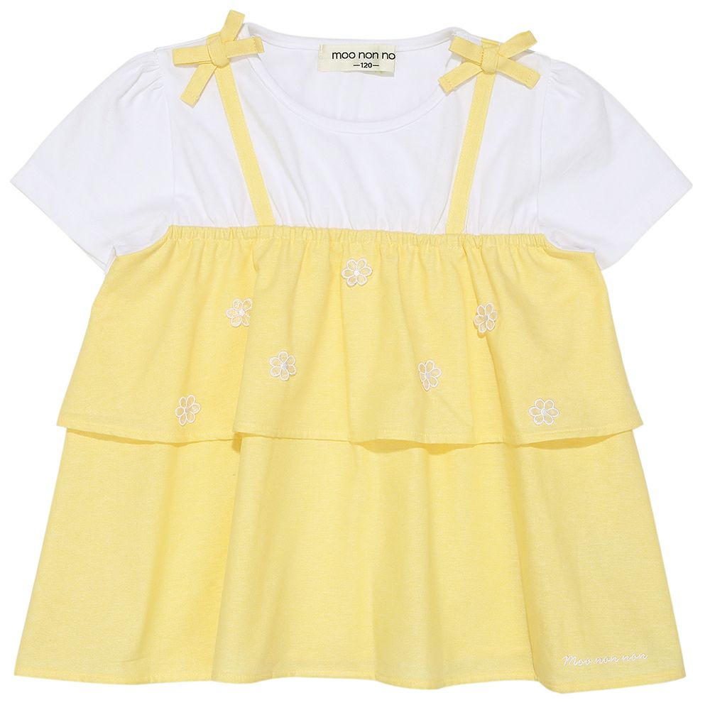 ベビー服 女の子 子ども服 こども服 キッズ キャミソール 重ね着風デザイン お花 リボンつき ロゴ刺繍 フリル イエロー(04) 正面