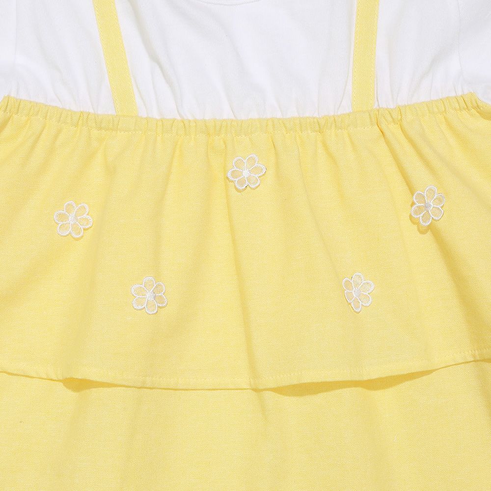 ベビー服 女の子 子ども服 こども服 キッズ キャミソール 重ね着風デザイン お花 リボンつき ロゴ刺繍 フリル イエロー(04) デザインポイント1