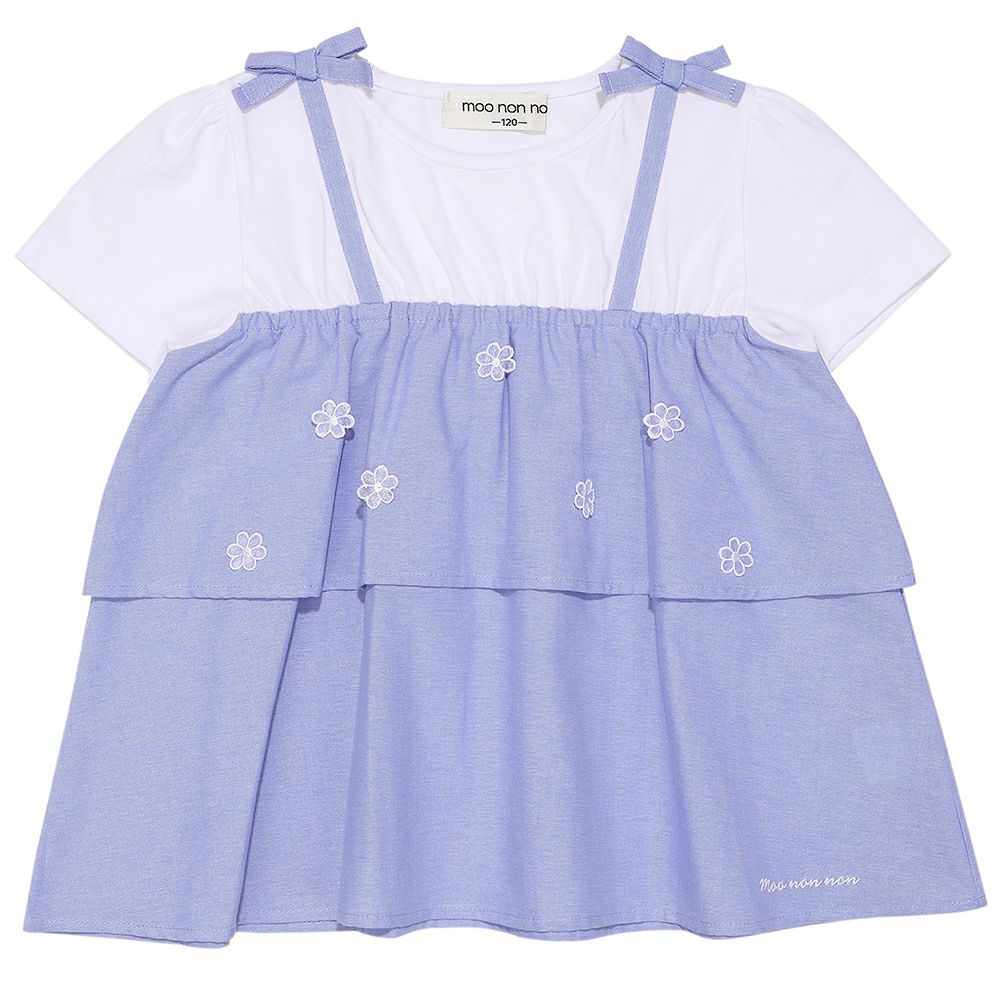 ベビー服 女の子 子ども服 こども服 キッズ キャミソール 重ね着風デザイン お花 リボンつき ロゴ刺繍 フリル ブルー(61) 正面