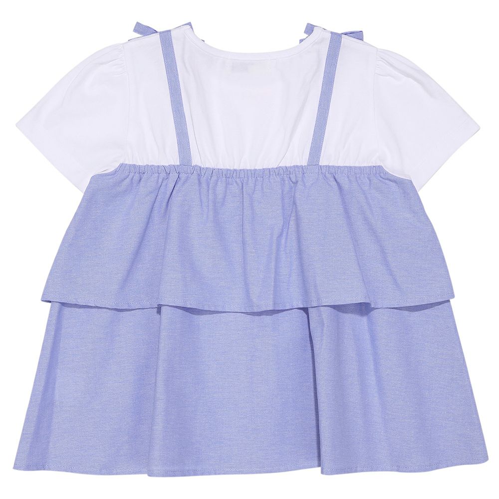 ベビー服 女の子 子ども服 こども服 キッズ キャミソール 重ね着風デザイン お花 リボンつき ロゴ刺繍 フリル ブルー(61) 背面
