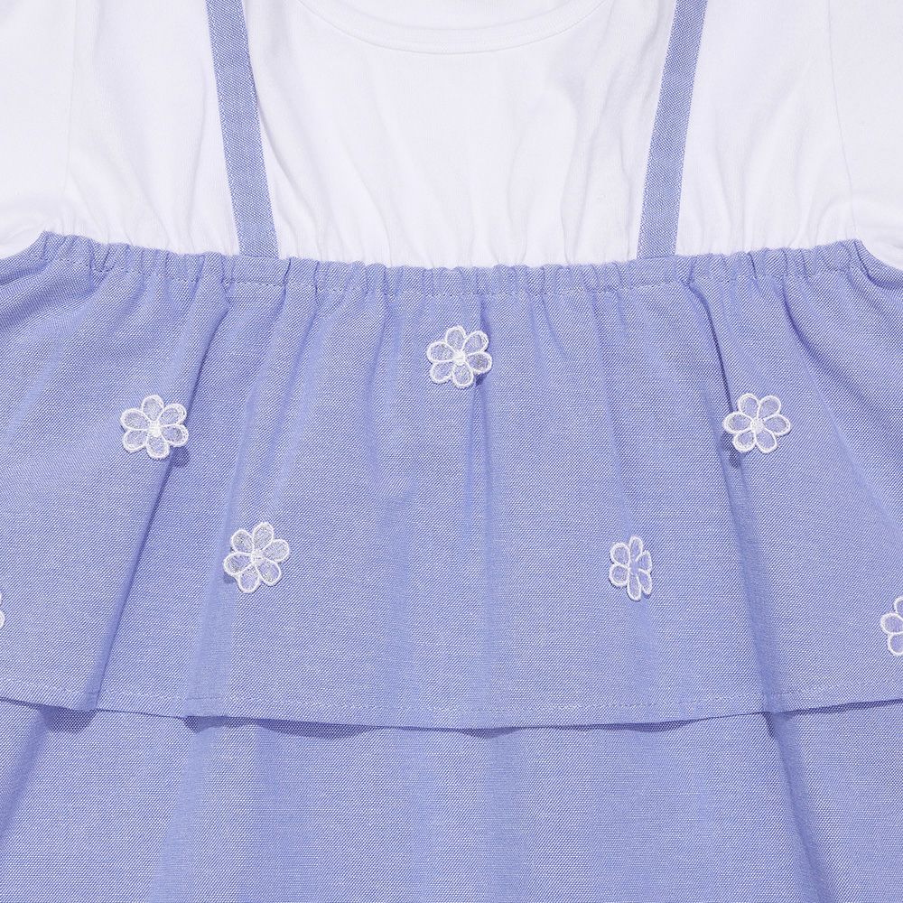 ベビー服 女の子 子ども服 こども服 キッズ キャミソール 重ね着風デザイン お花 リボンつき ロゴ刺繍 フリル ブルー(61) デザインポイント1