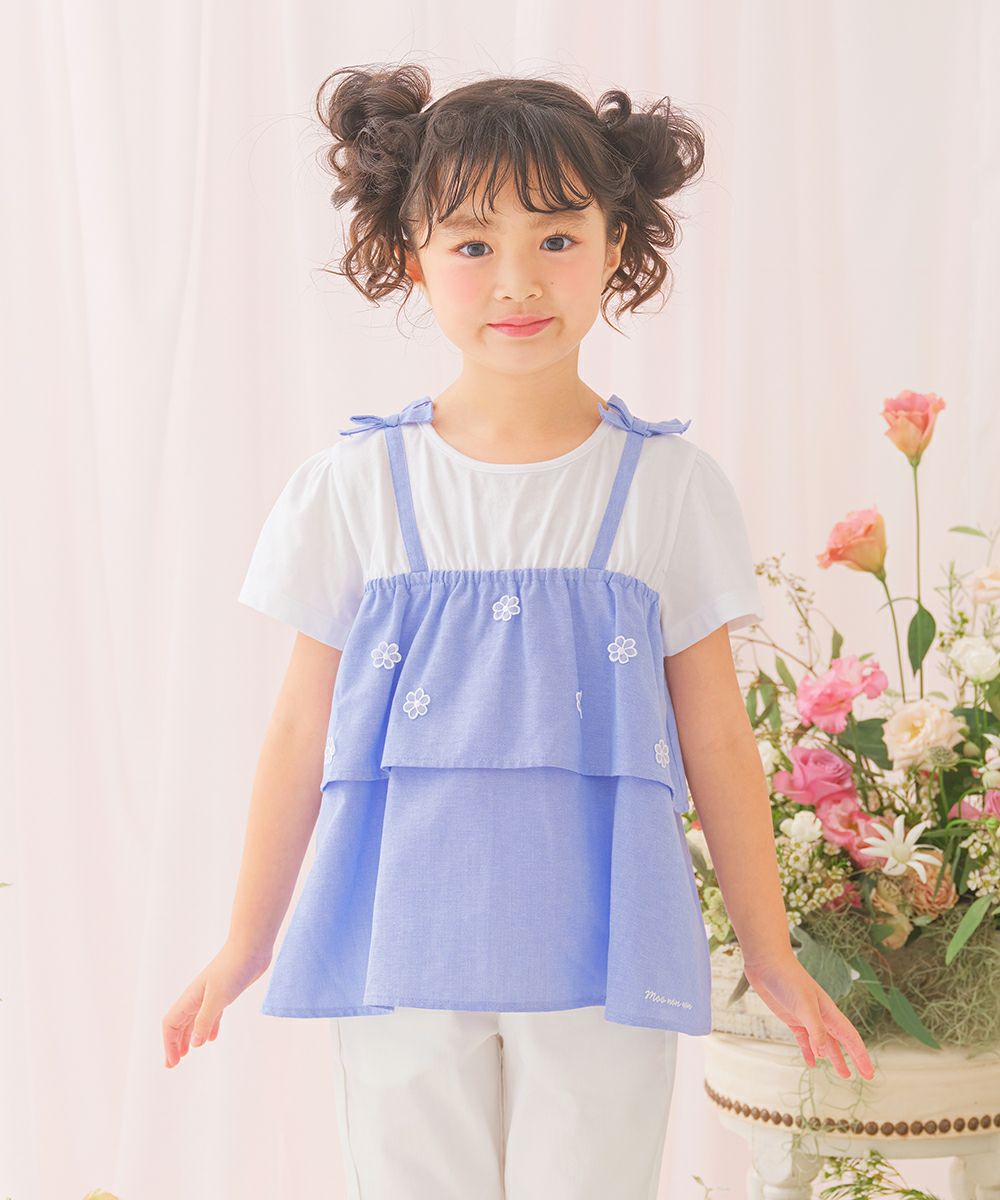 ベビー服 女の子 子ども服 こども服 キッズ キャミソール 重ね着風デザイン お花 リボンつき ロゴ刺繍 フリル ブルー(61) モデル画像アップ