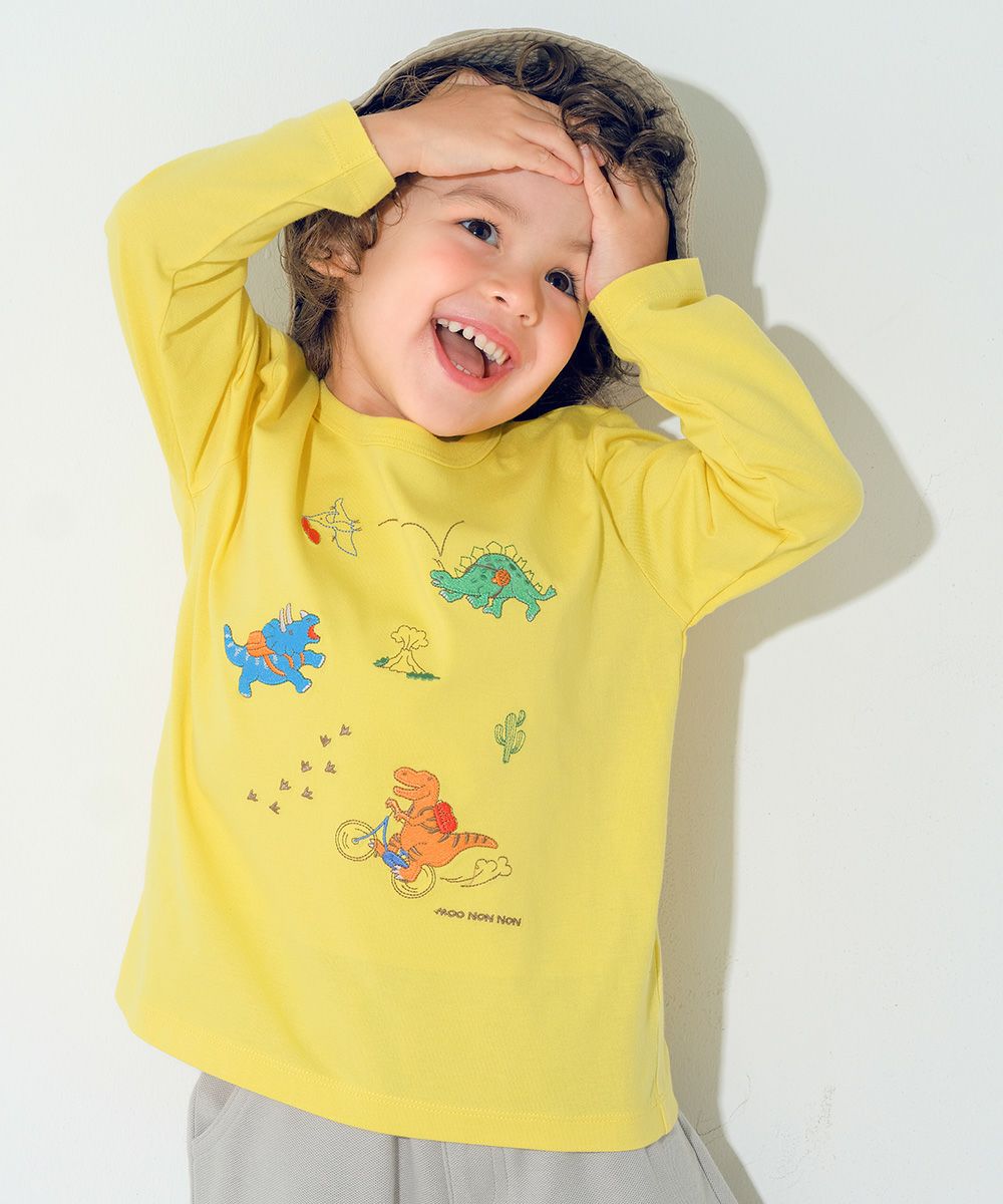 ベビー服 男の子 子ども服 こども キッズ 綿100％ 恐竜 ワッペン 刺繍ティーシャツ 長そで イエロー(04) モデル画像アップ