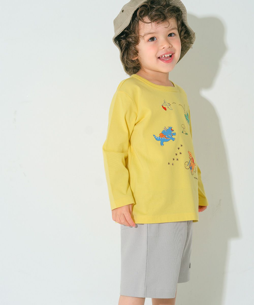 ベビー服 男の子 子ども服 こども キッズ 綿100％ 恐竜 ワッペン 刺繍ティーシャツ 長そで イエロー(04) モデル画像1
