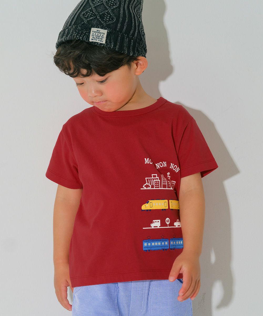 ベビー服 男の子 子ども服 こども キッズ 綿100％ 電車 ワッペン 乗り物 プリント レッド(03) モデル画像アップ