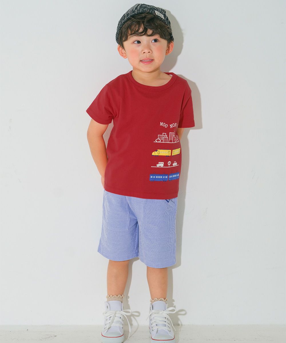 ベビー服 男の子 子ども服 こども キッズ 綿100％ 電車 ワッペン 乗り物 プリント レッド(03) モデル画像全身