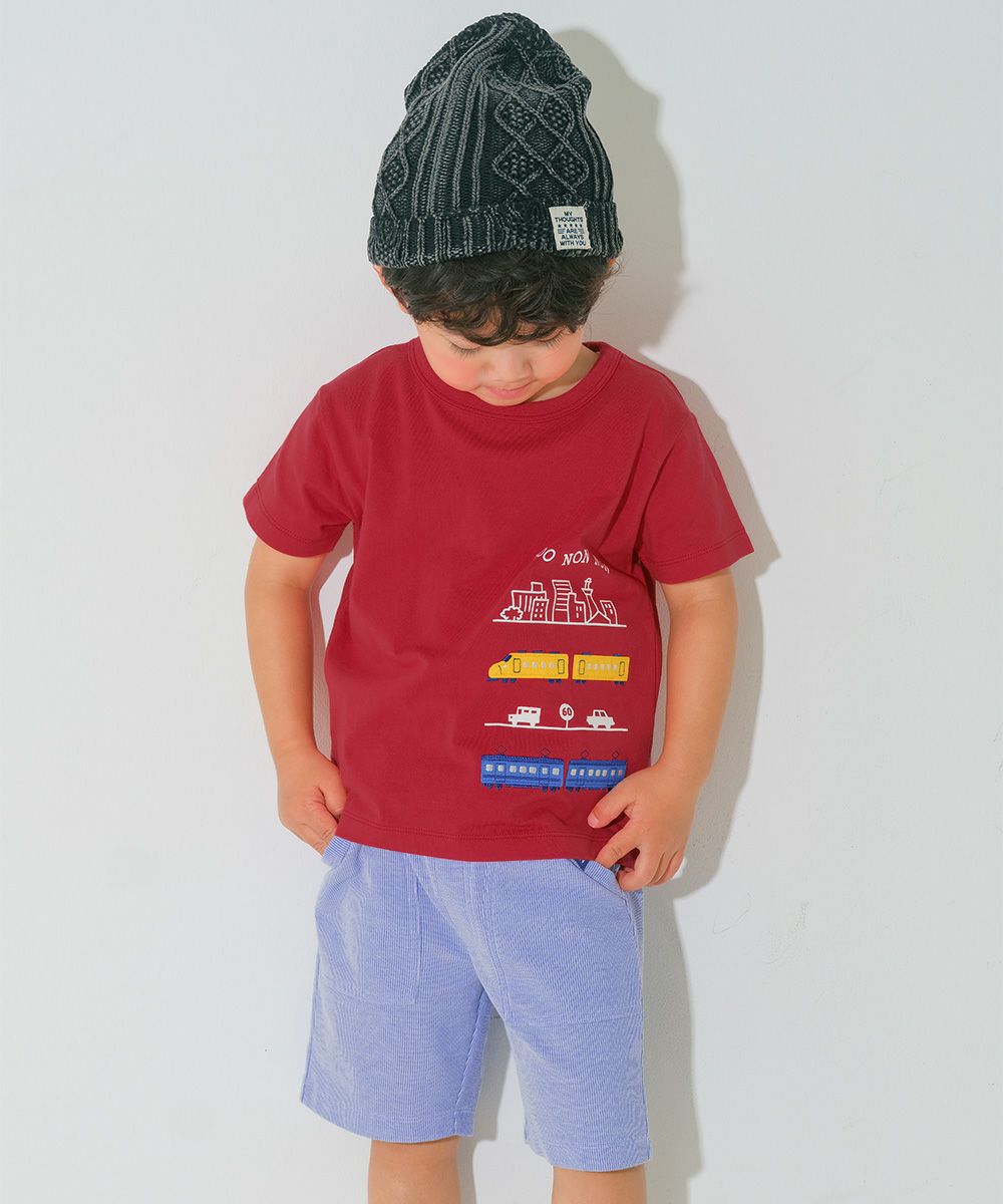ベビー服 男の子 子ども服 こども キッズ 綿100％ 電車 ワッペン 乗り物 プリント レッド(03) モデル画像1