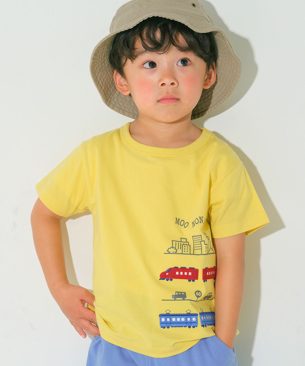 ベビー服 男の子 子ども服 こども キッズ 綿100％ 電車 ワッペン 乗り物 プリント イエロー(04) モデル画像アップ