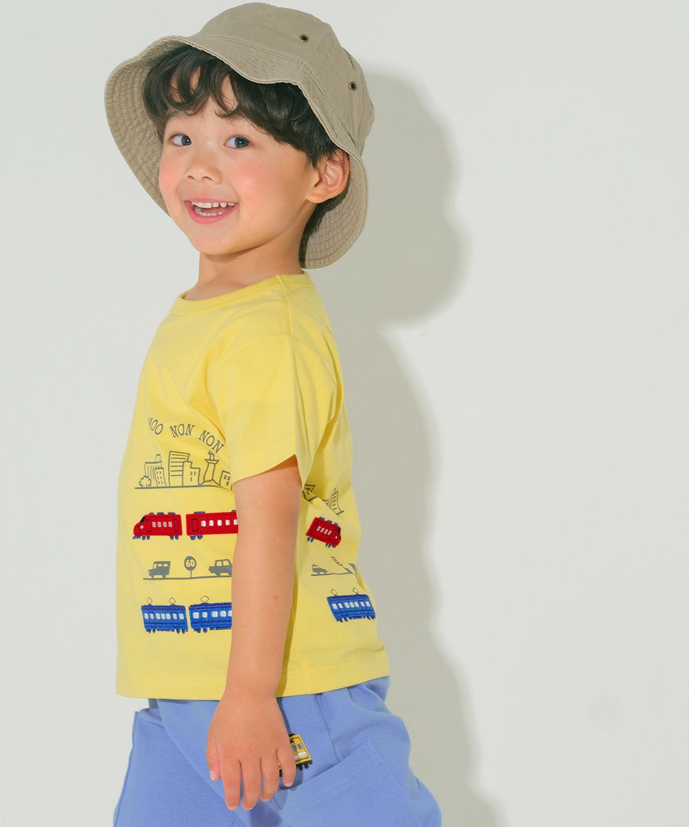 ベビー服 男の子 子ども服 こども キッズ 綿100％ 電車 ワッペン 乗り物 プリント イエロー(04) モデル画像1