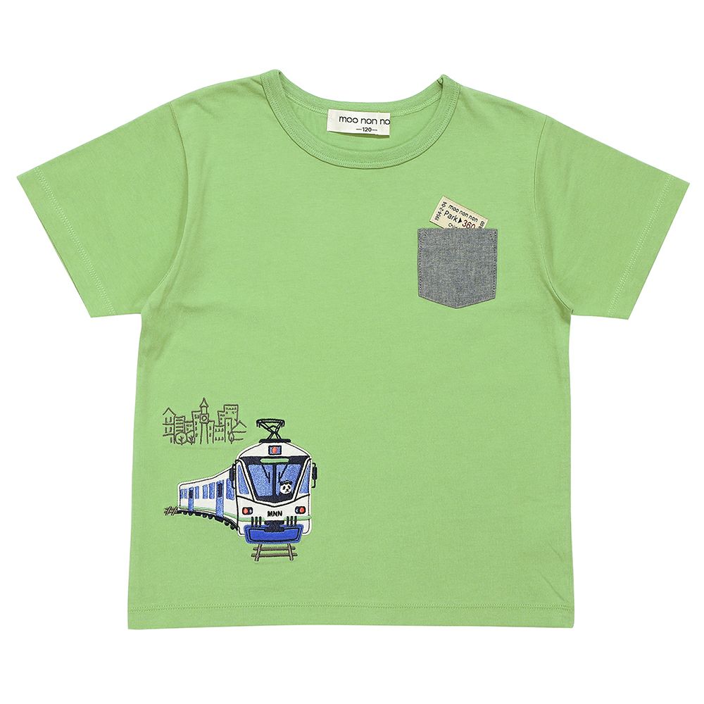 ベビー服 男の子 子ども服 こども キッズ 綿100％ 電車 ワッペン 乗り物 刺繍 ポケットつき グリーン(08) 正面