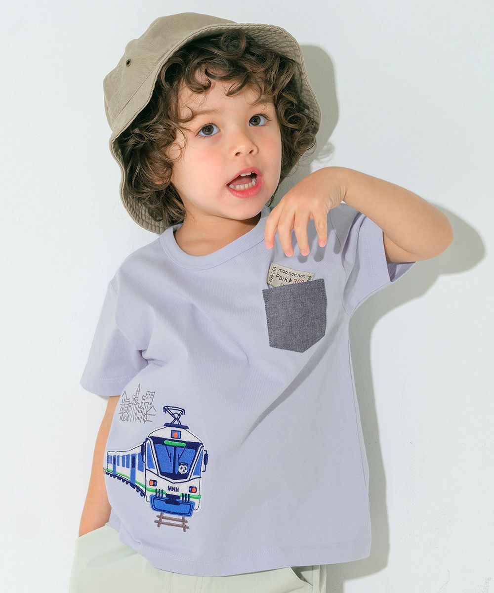 ベビー服 男の子 子ども服 こども キッズ 綿100％ 電車 ワッペン 乗り物 刺繍 ポケットつき ブルー(61) モデル画像アップ
