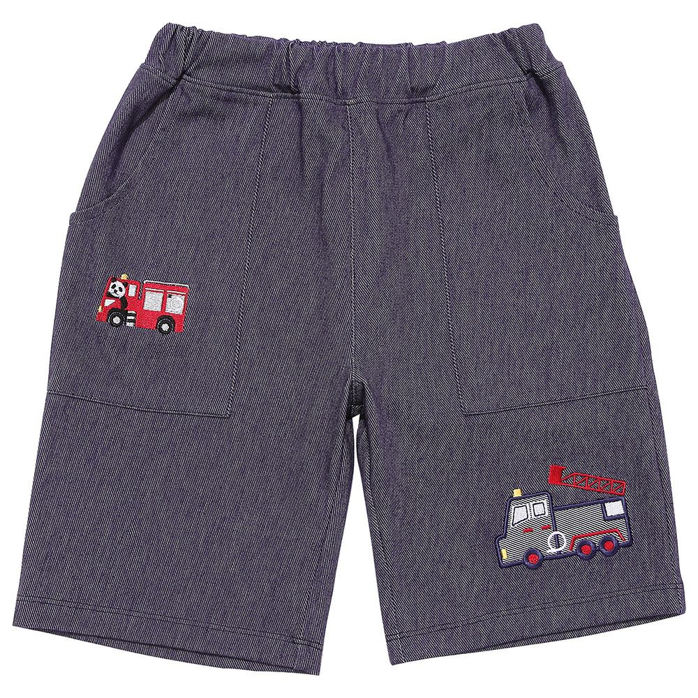 ベビー服 男の子 子ども服 こども キッズ ストレッチ デニムツイルニット パンダ 消防車刺繍 ハーフパンツ ネイビー(06) 正面