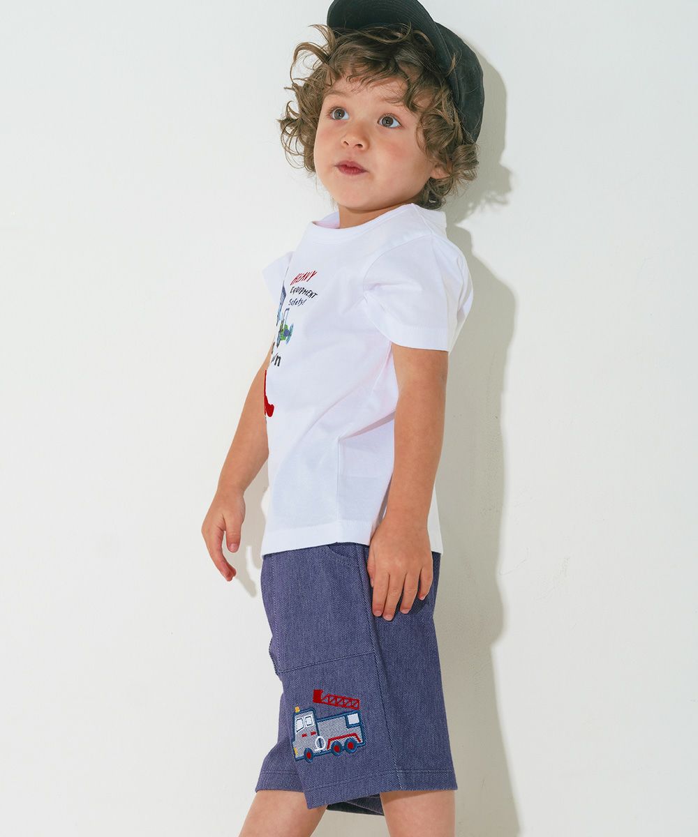 ベビー服 男の子 子ども服 こども キッズ ストレッチ デニムツイルニット パンダ 消防車刺繍 ハーフパンツ ネイビー(06) モデル画像2