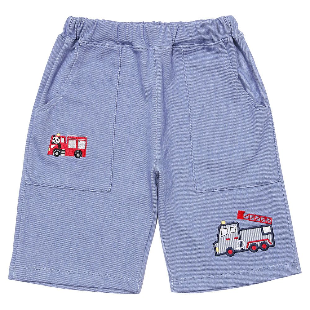 ベビー服 男の子 子ども服 こども キッズ ストレッチ デニムツイルニット パンダ 消防車刺繍 ハーフパンツ ブルー(61) 正面