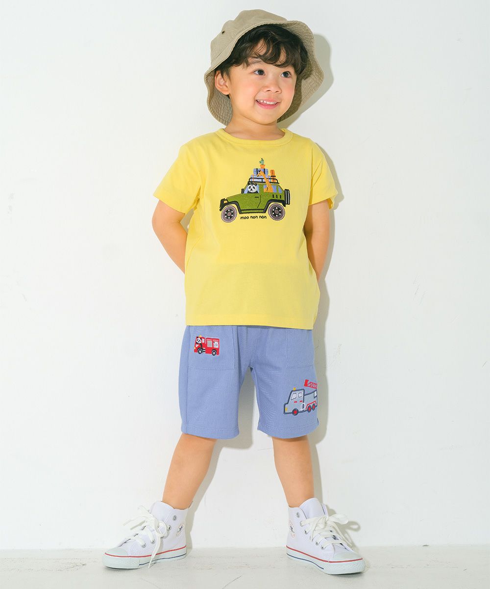 ベビー服 男の子 子ども服 こども キッズ ストレッチ デニムツイルニット パンダ 消防車刺繍 ハーフパンツ ブルー(61) モデル画像全身