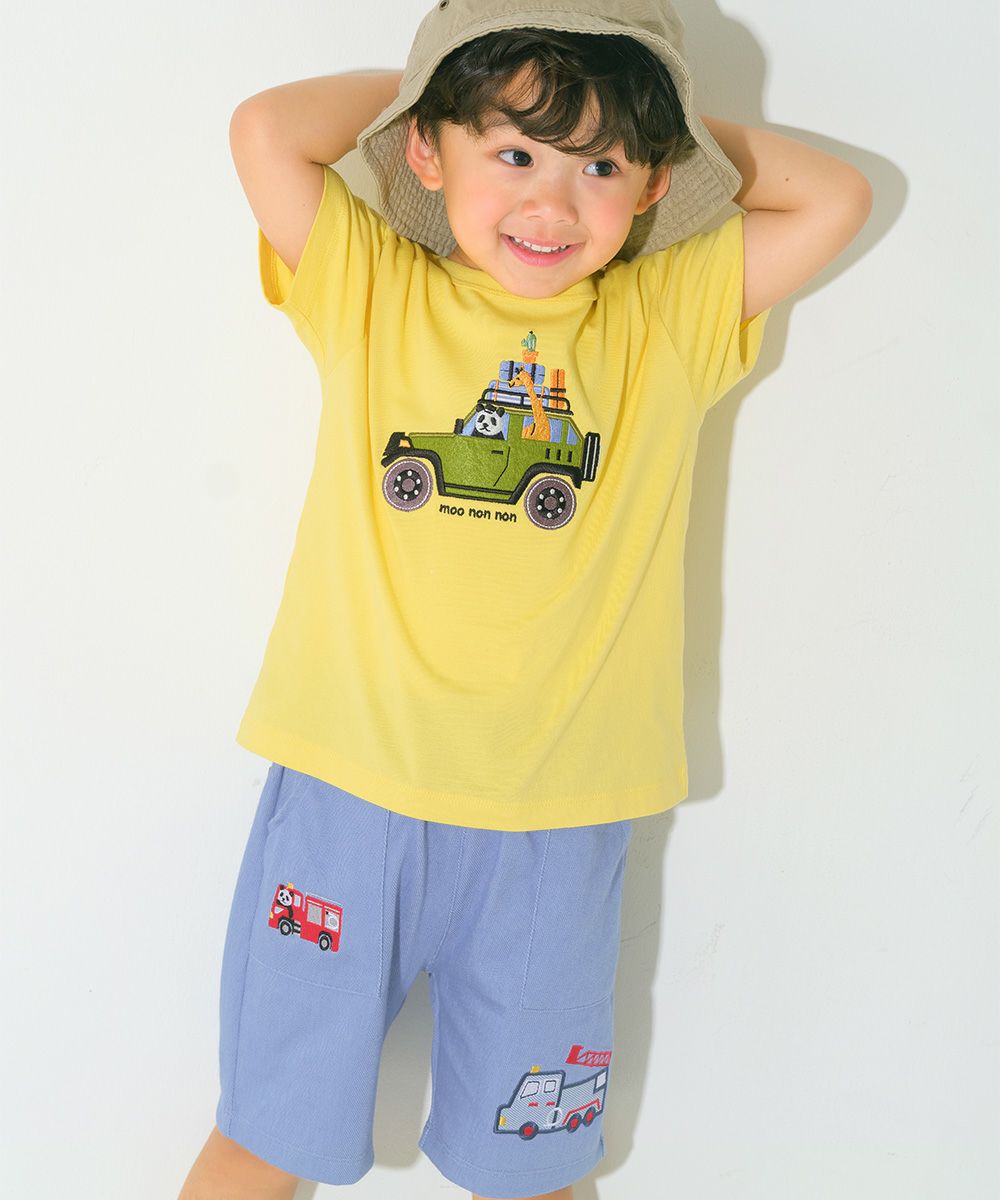 ベビー服 男の子 子ども服 こども キッズ ストレッチ デニムツイルニット パンダ 消防車刺繍 ハーフパンツ ブルー(61) モデル画像1