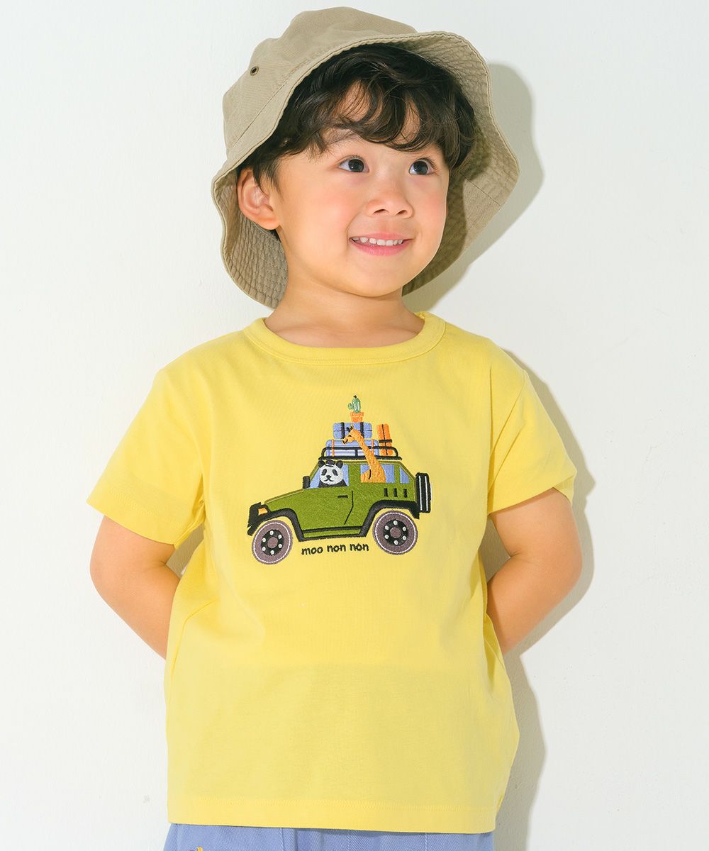 ベビー服 男の子 子ども服 こども キッズ綿100％ 動物 アニマル 車 くるま刺繍 サファリパーク イエロー(04) モデル画像アップ