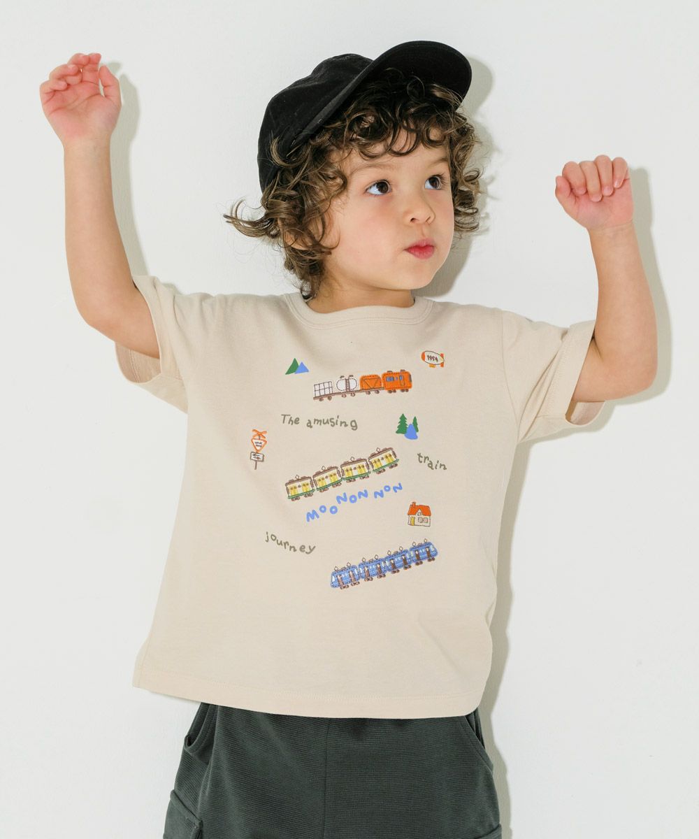ベビー服 男の子 綿100％ 電車 ロゴ 刺繍 Tシャツ ベージュ(51) モデル画像アップ