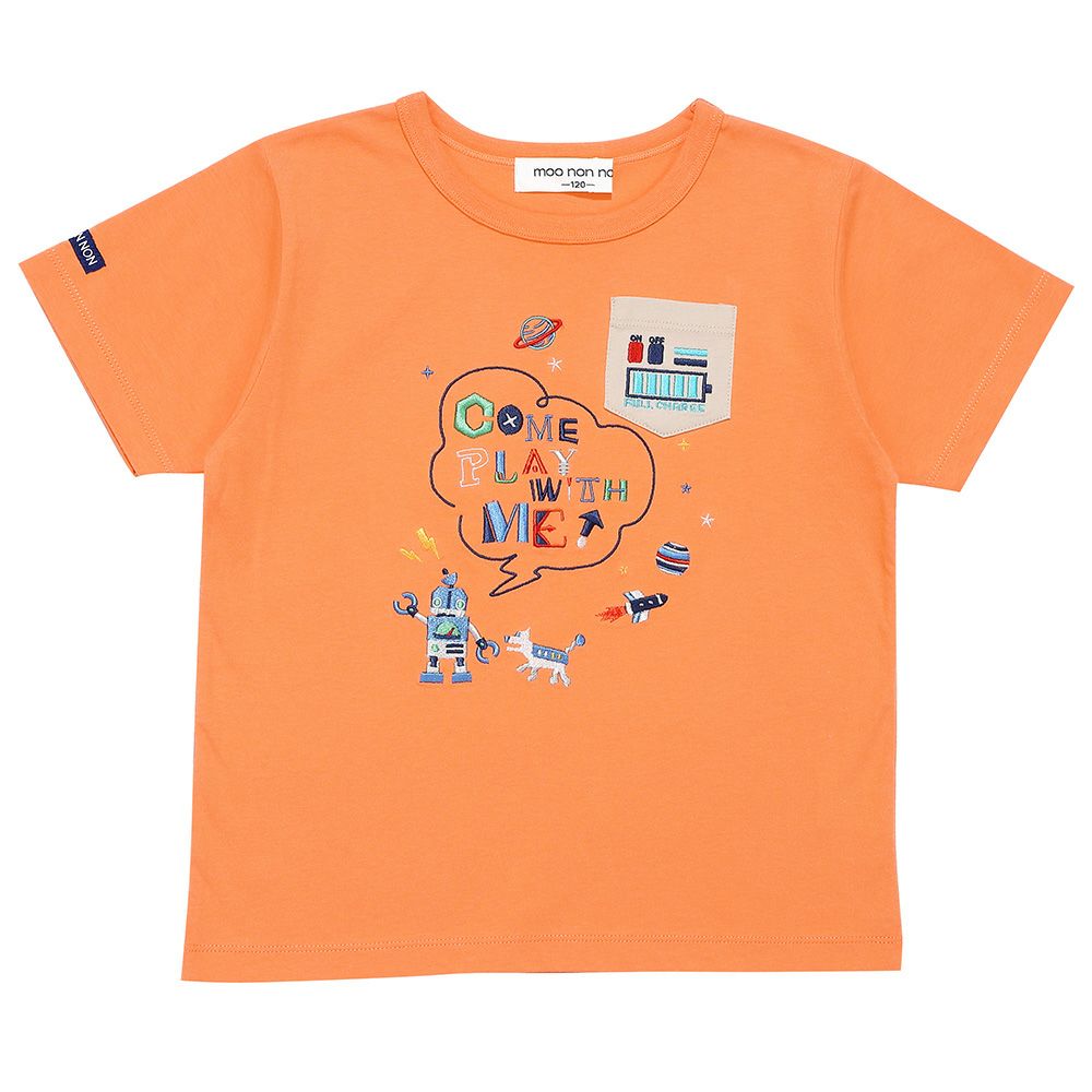 ベビー服 男の子  綿100％ ロボット ロゴ 刺繍 ポケット付き　Tシャツ オレンジ(07) 正面