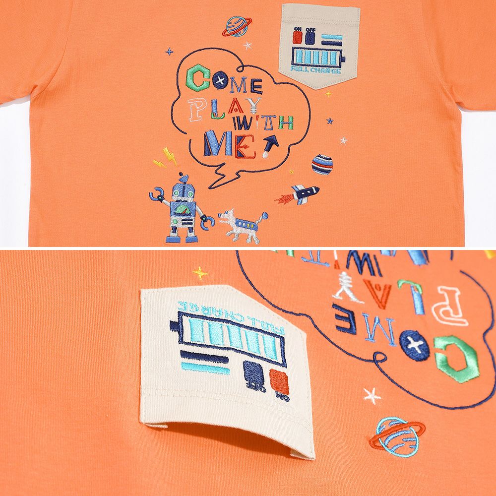 ベビー服 男の子  綿100％ ロボット ロゴ 刺繍 ポケット付き　Tシャツ オレンジ(07) デザインポイント1
