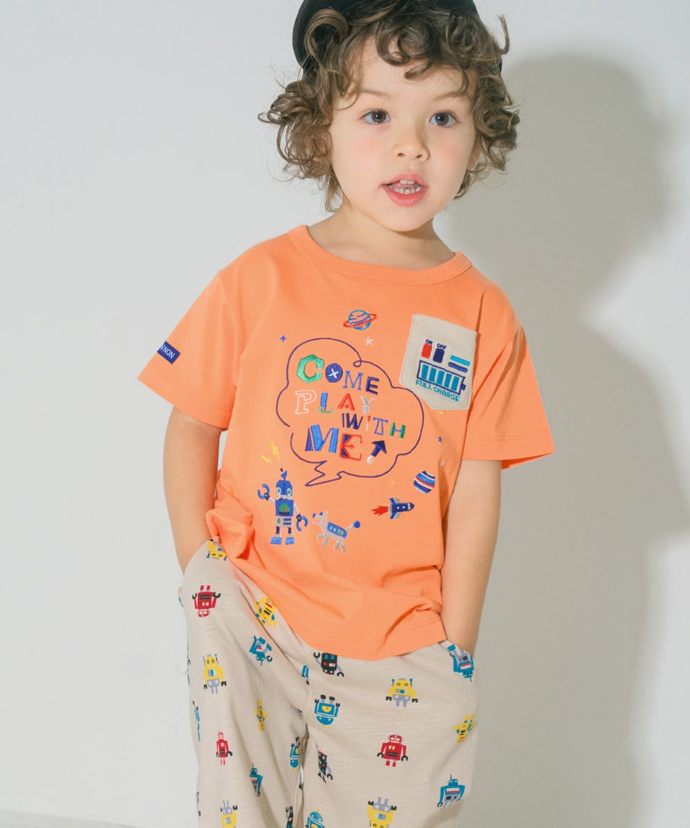ベビー服 男の子  綿100％ ロボット ロゴ 刺繍 ポケット付き　Tシャツ オレンジ(07) モデル画像3